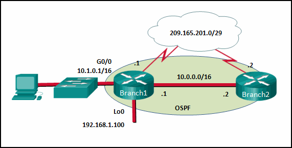 The graphic shows a network of two routers running OSPF connected in the following ways. Router Branch1 has the following interfaces configured:  G0/0 is connected to a switch and a host. The IP address of G0/0 is 10.1.0.1/16. Another Ethernet interface is connected to router Branch2 with a switch in between.  This interface IP is 10.0.0.1/16. There is a loopback interface with IP address 192.168.1.100, and there is a serial interface connected to the cloud with IP address 209.165.201.1/29  Router Branch2 has the following interfaces configured: There is an Ethernet interface connected to router Branch1 with a switch in between.  This interface IP is 10.0.0.2/16. There is a serial interface with IP address 209.165.201.2/29 connected to the cloud.